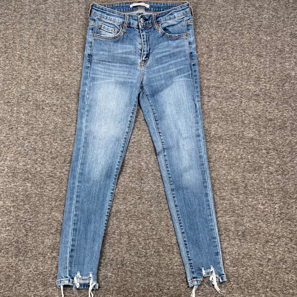 Klique B Womens High Rise Skinny Jeans Medium Wash Distressed‎ Raw Hem Size 5